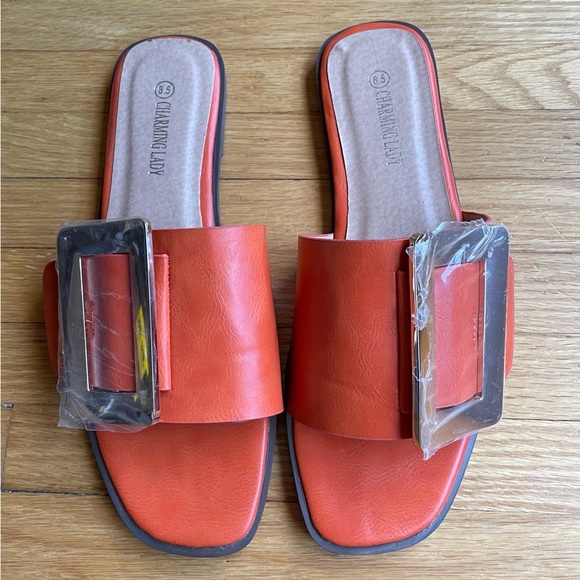 Orange Slip On Flat Sandals.  Never worn. Size 8.5 - Picture 2 of 5